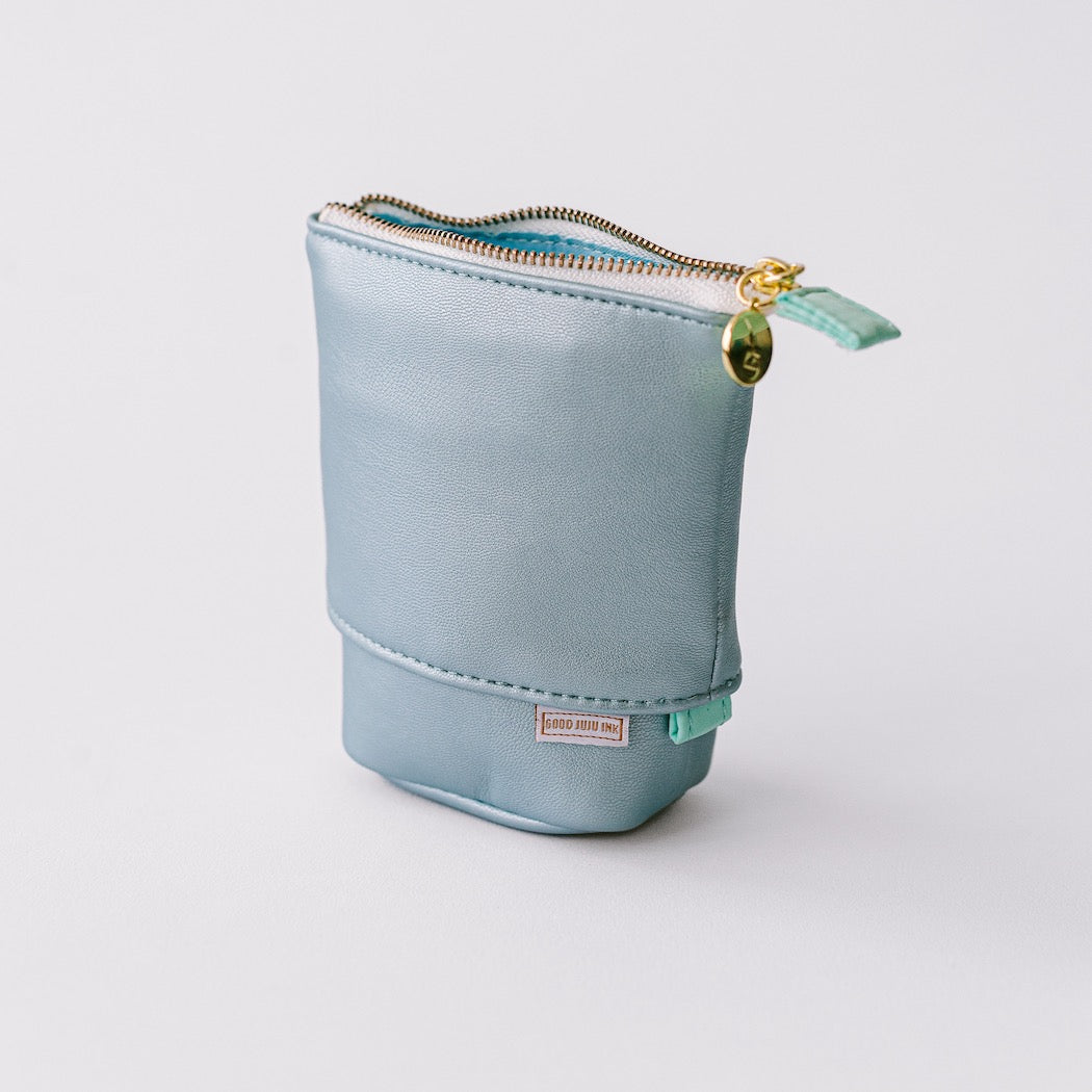 Luxe Standing Pencil Pouch | Metallic Blue Sky
