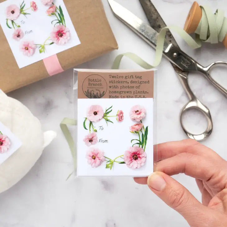 Pink Flowers | 12 Sticky Gift Tags *